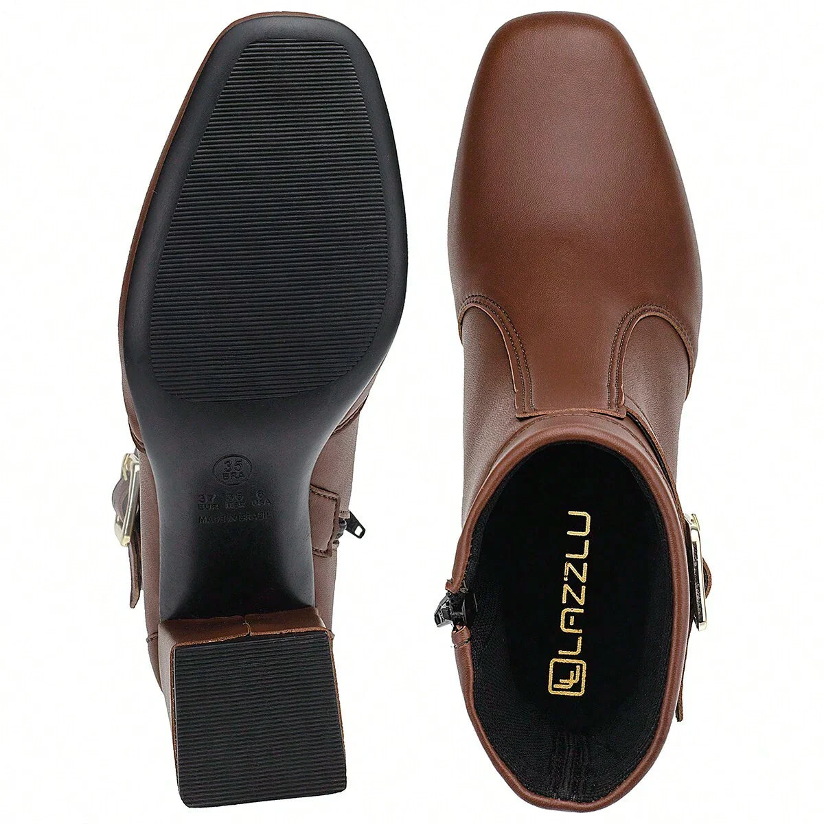 Bota Feminina Salto Bloco Grosso Cano Curto Caramelo