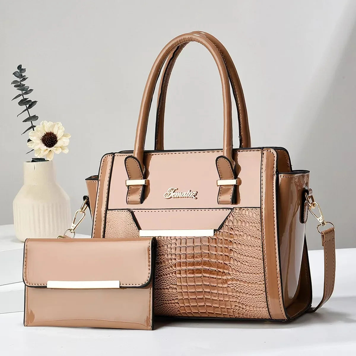 Kit Bolsa e Carteira em Couro Legítimo - Croc