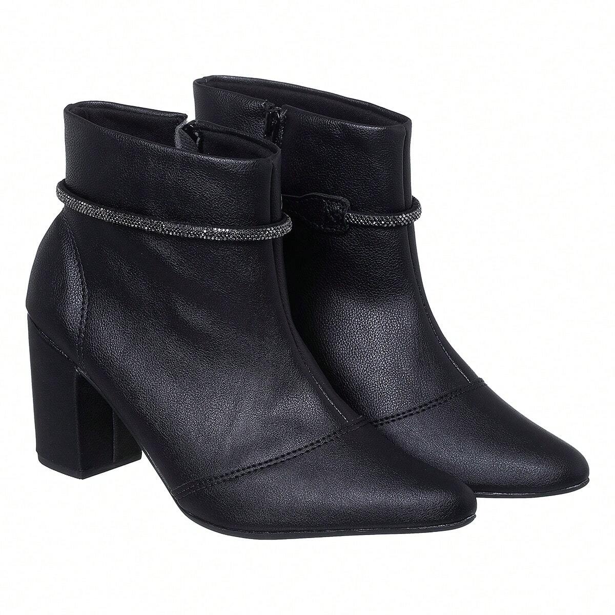 Bota Feminina Salto Bico Fino Com Strass Preto