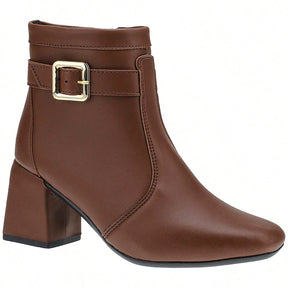 Bota Feminina Salto Bloco Grosso Cano Curto Caramelo