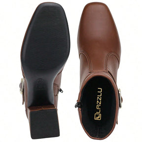 Bota Feminina Salto Bloco Grosso Cano Curto Caramelo